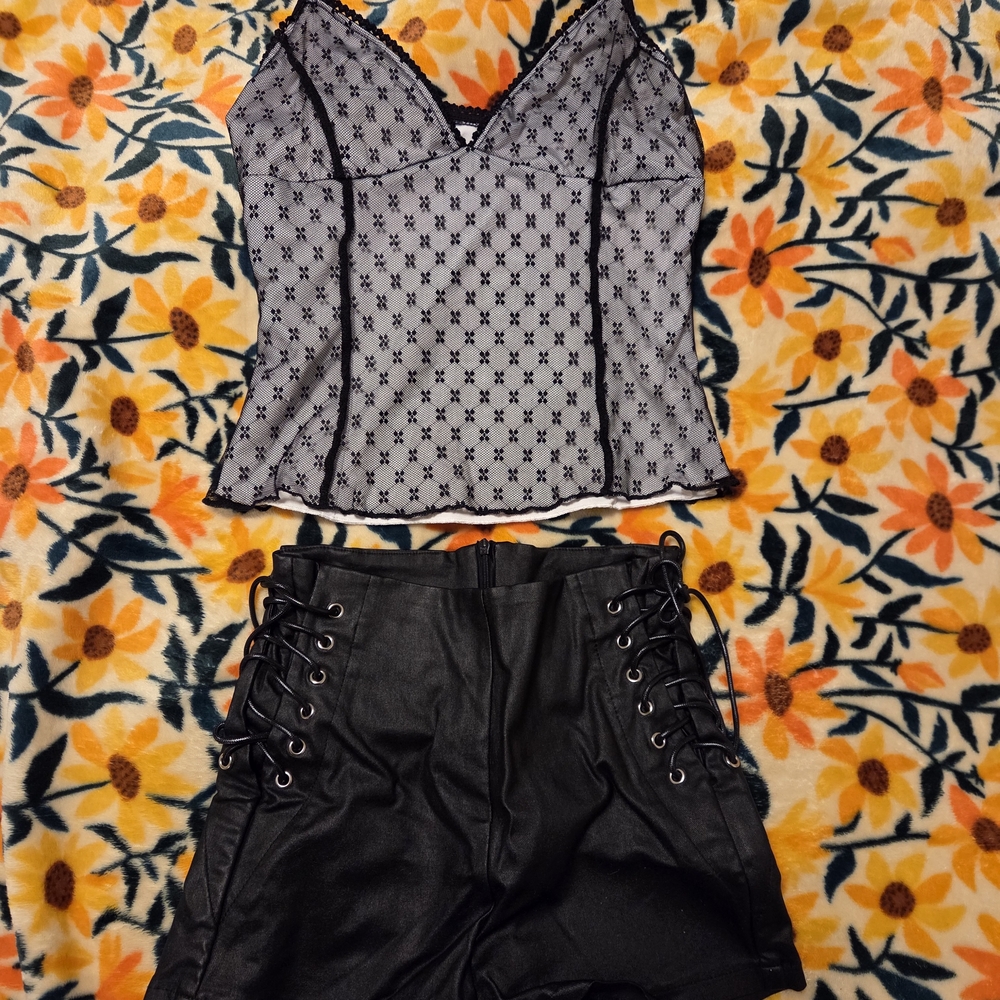 Mesh Lace Trim Cami Tank Top - Black/White